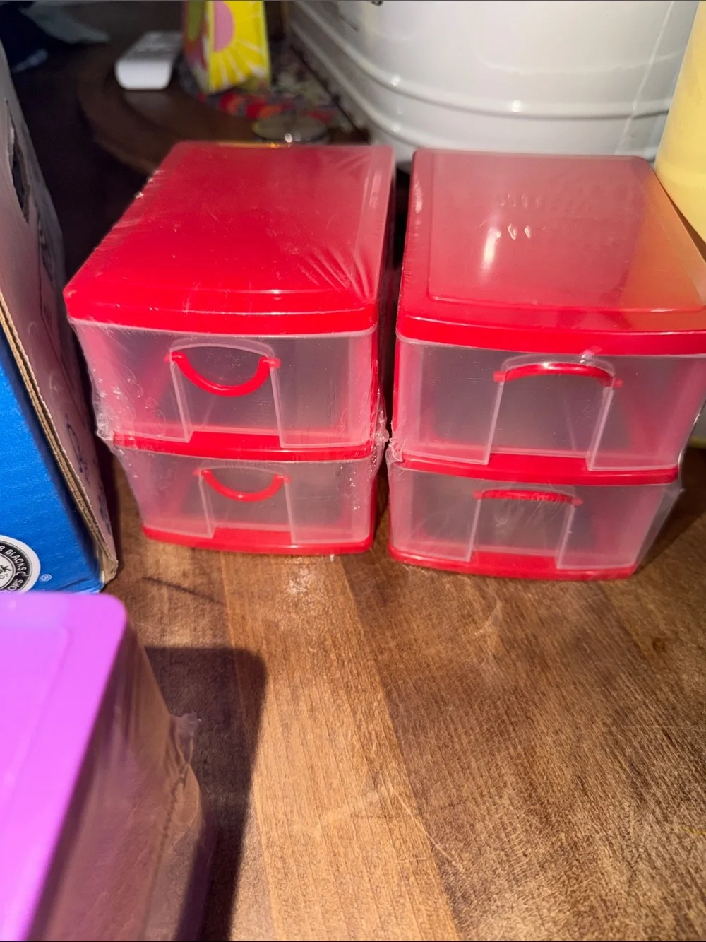 (4) Two-Drawer Plastic Storage Organizer - Purple and Red mini organizers